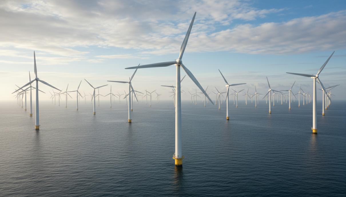 Масштабная морская ветроэнергетическая ферма с современными турбинами на фоне водной глади на рассвете.