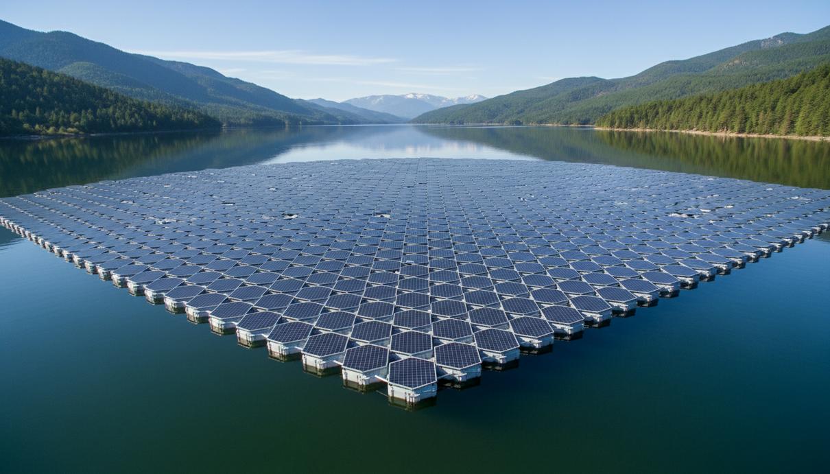 Масштабная плавучая солнечная электростанция на спокойном озере: видны сотни шестиугольных солнечных панелей, закрепленных на поверхности воды.