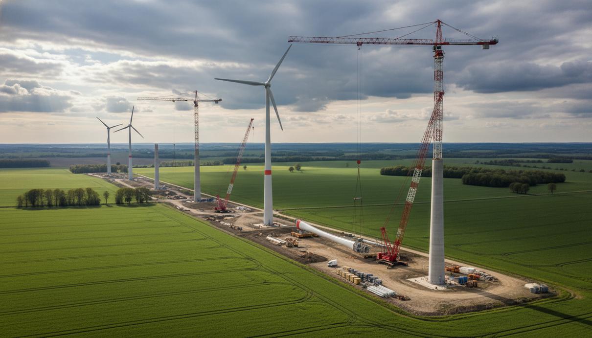 Строительная площадка ветропарка в Нижней Саксонии, Германия. Несколько высоких ветряных турбин на разных этапах сборки, на фоне полей и облачного неба.