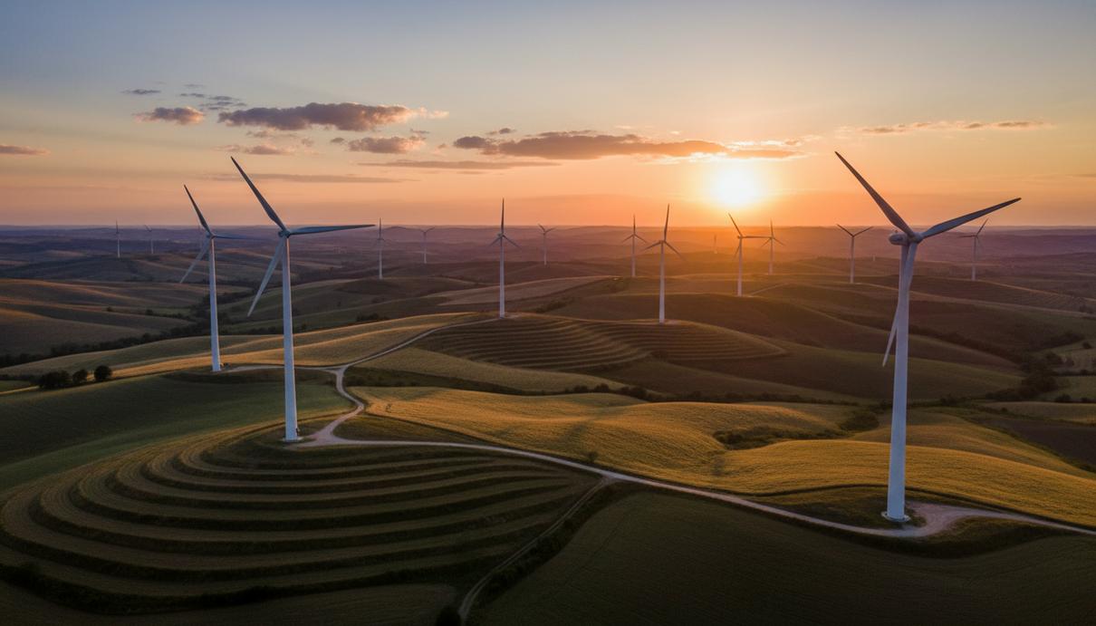 Современная наземная ветряная электростанция в итальянской сельской местности. Ряды высоких ветряных турбин с лопастями на фоне зеленых холмов и полей под ясным небом.