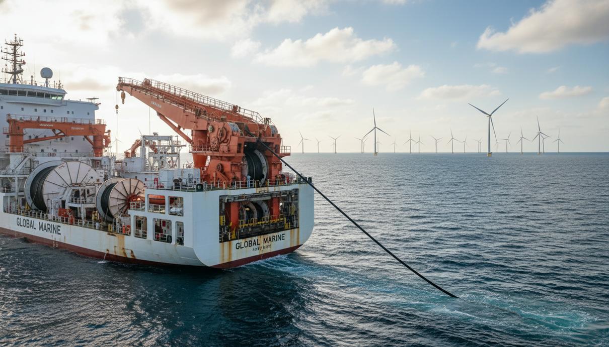 Специализированное кабелеукладочное судно в море, спускающее подводный кабель. На горизонте виднеются ветрогенераторы морской ветроэнергетики.