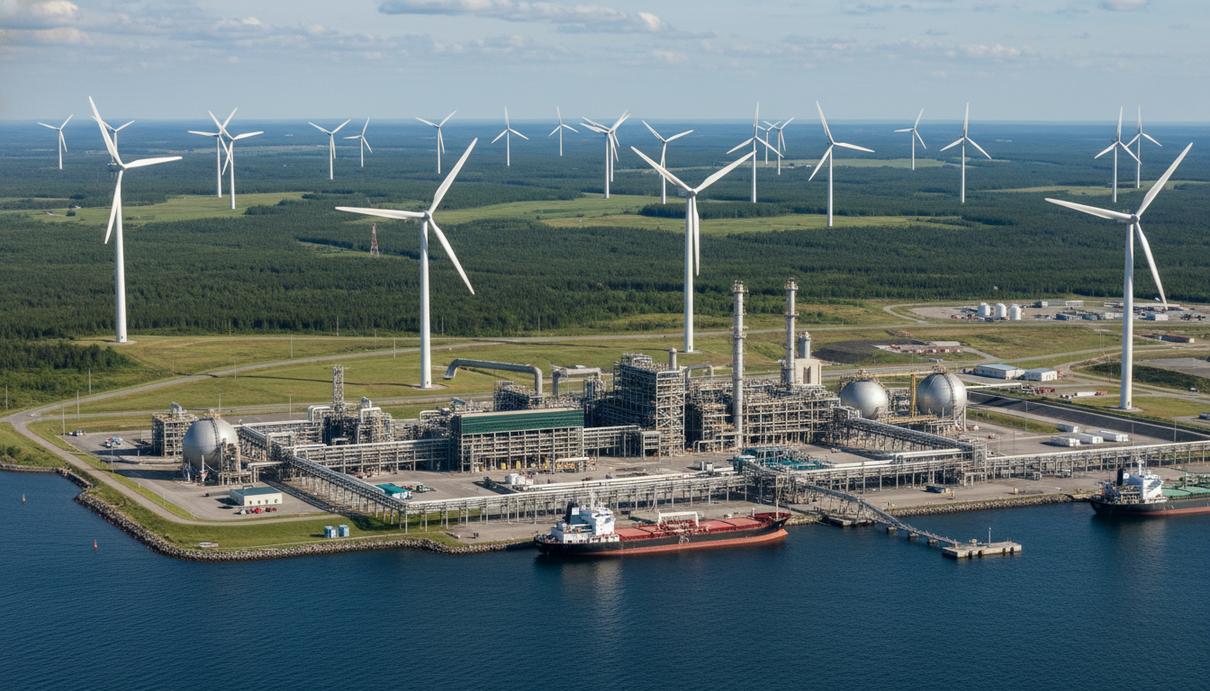 Ветроэнергетический парк с множеством современных турбин на фоне промышленного комплекса по производству зеленого топлива у побережья Новой Шотландии.