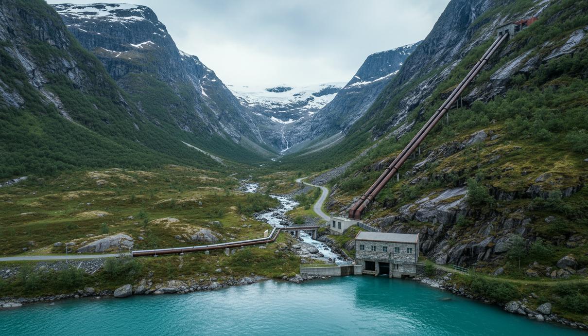 Малая гидроэлектростанция в живописном норвежском фьорде, окруженная горами и рекой, символ чистой энергии.