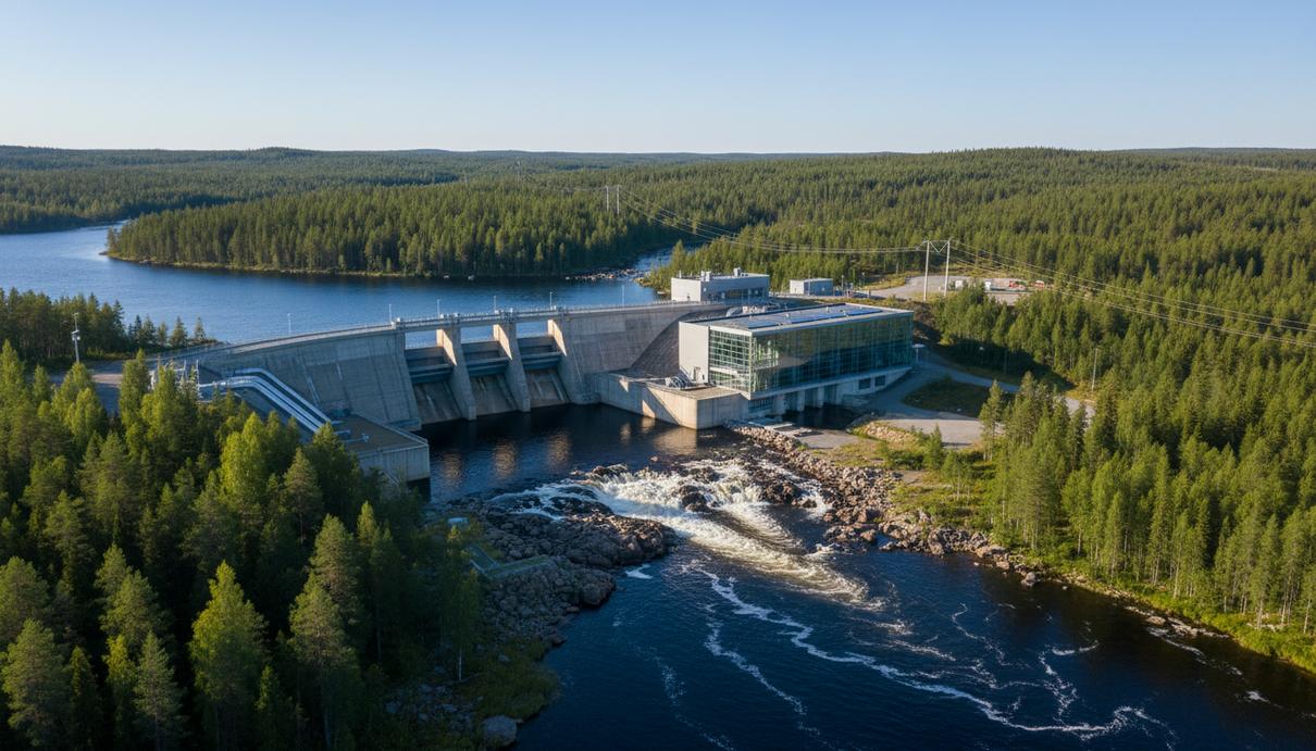 Современная гидроэлектростанция на реке в Финляндии, окружённая лесом. Вид на плотину, машинный зал и водные потоки.