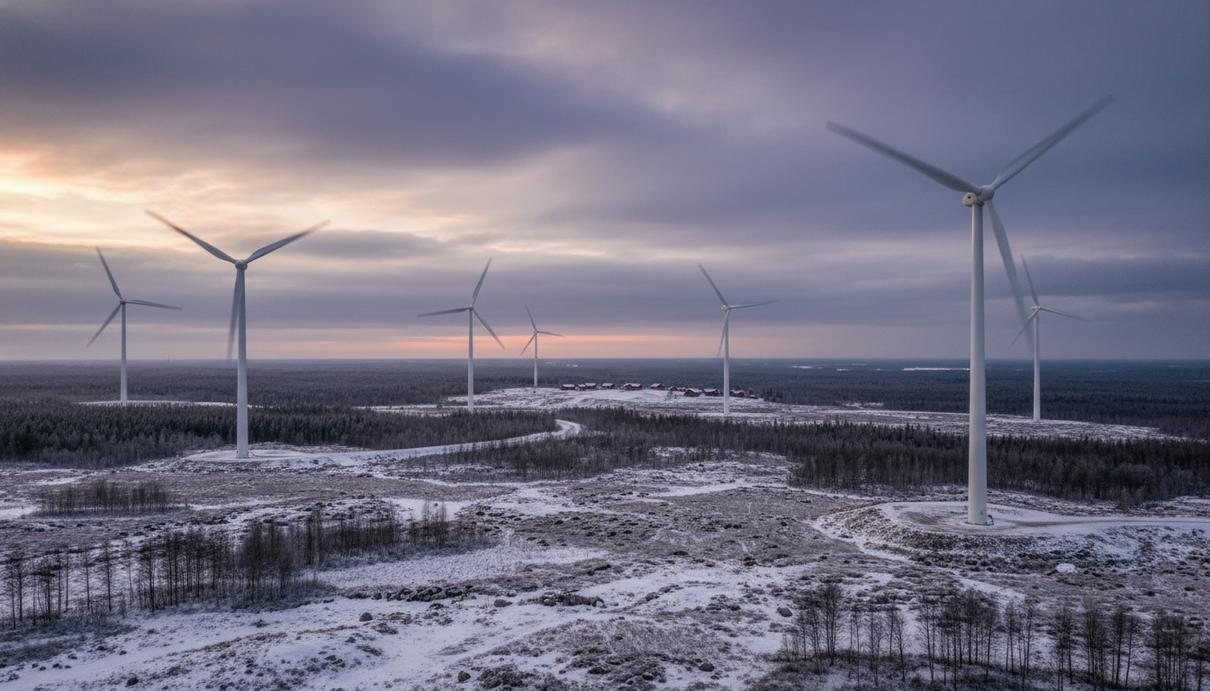 Ветряная электростанция в Финляндии с семью турбинами Nordex, расположенная на холмистой местности под пасмурным небом.