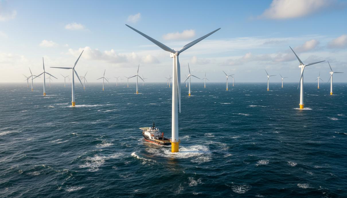 Морские ветряные турбины в открытом море и специализированное судно обеспечения на фоне облачного неба