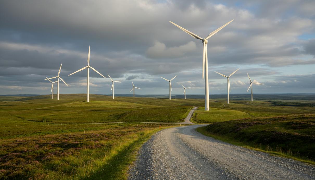 Наземная ветроэлектростанция с белыми турбинами на зеленых холмах Шотландии под облачным небом