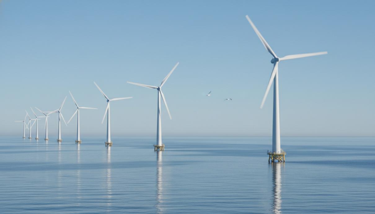 Морские ветряные турбины в открытом море и чайки, летящие на безопасном расстоянии от лопастей.