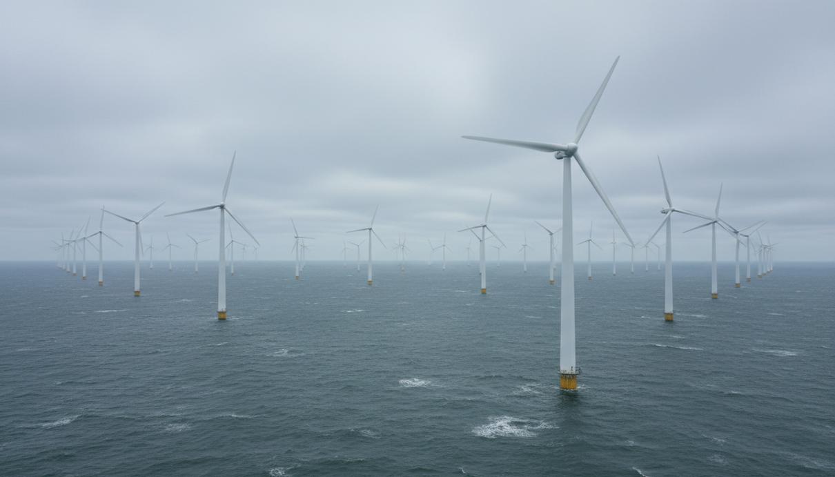 Ряд морских ветрогенераторов, установленных в открытом море под пасмурным небом