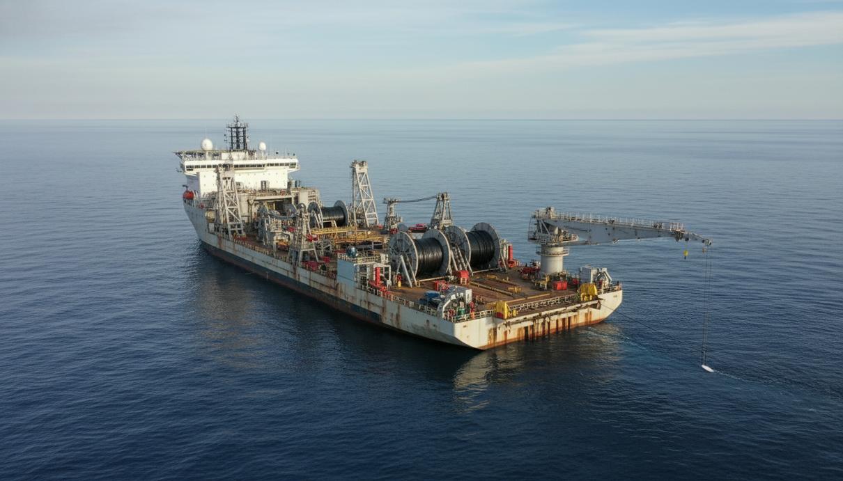 Специализированное судно для прокладки кабеля с промышленным оборудованием на палубе в открытом море