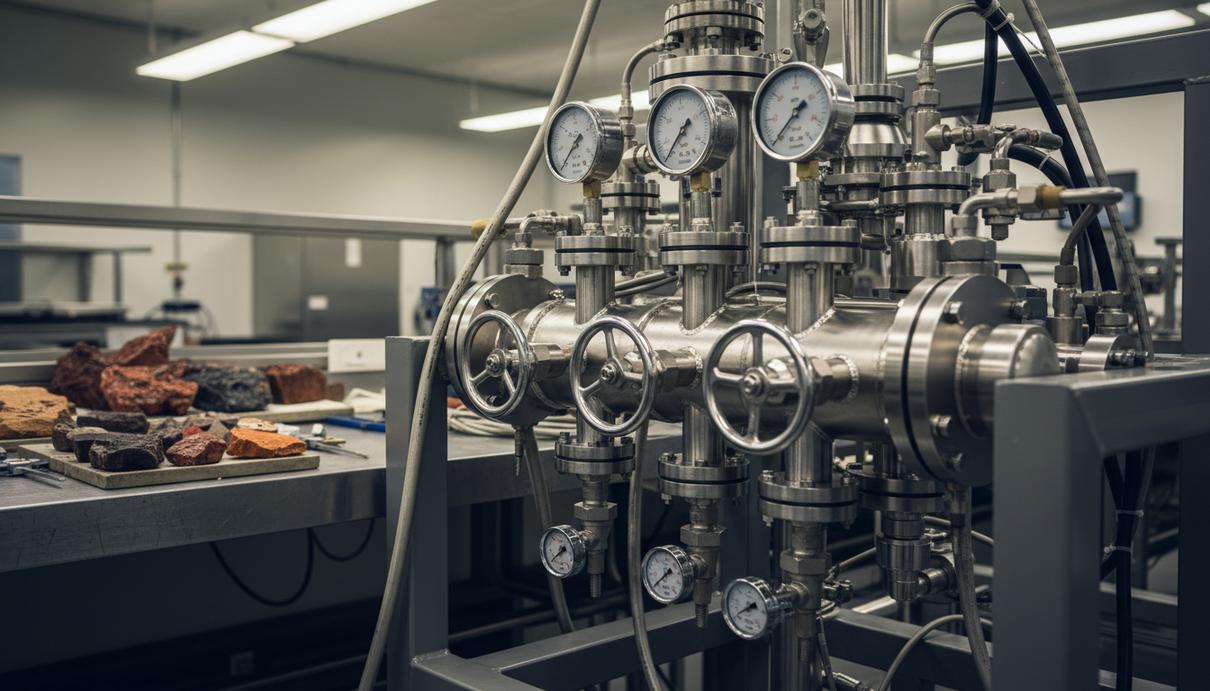 Стальной лабораторный реактор с датчиками давления и системой труб для исследования горных пород.