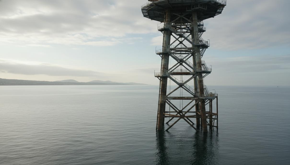 Стальное основание морской ветряной турбины с металлическими лестницами и платформами в открытом море