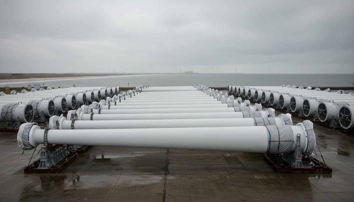 Склад лопастей для ветрогенераторов и промышленных компонентов в морском порту на фоне горизонта