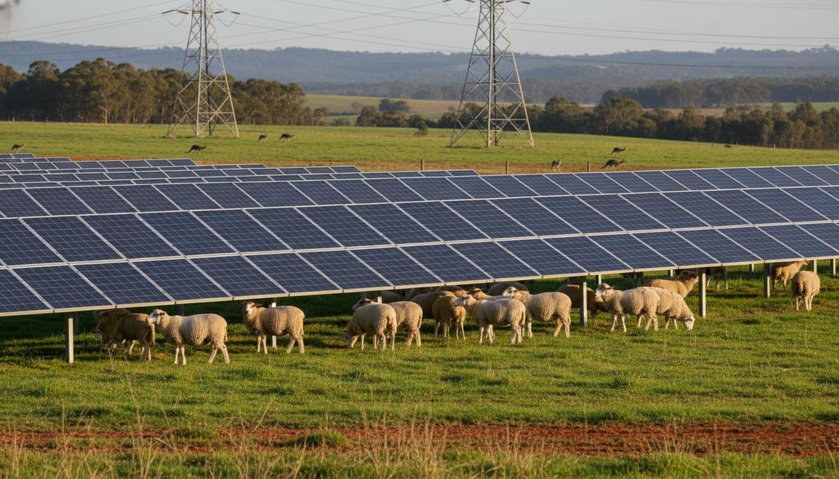 Овцы пасутся на зеленом лугу среди рядов солнечных панелей на фоне холмов и опор ЛЭП