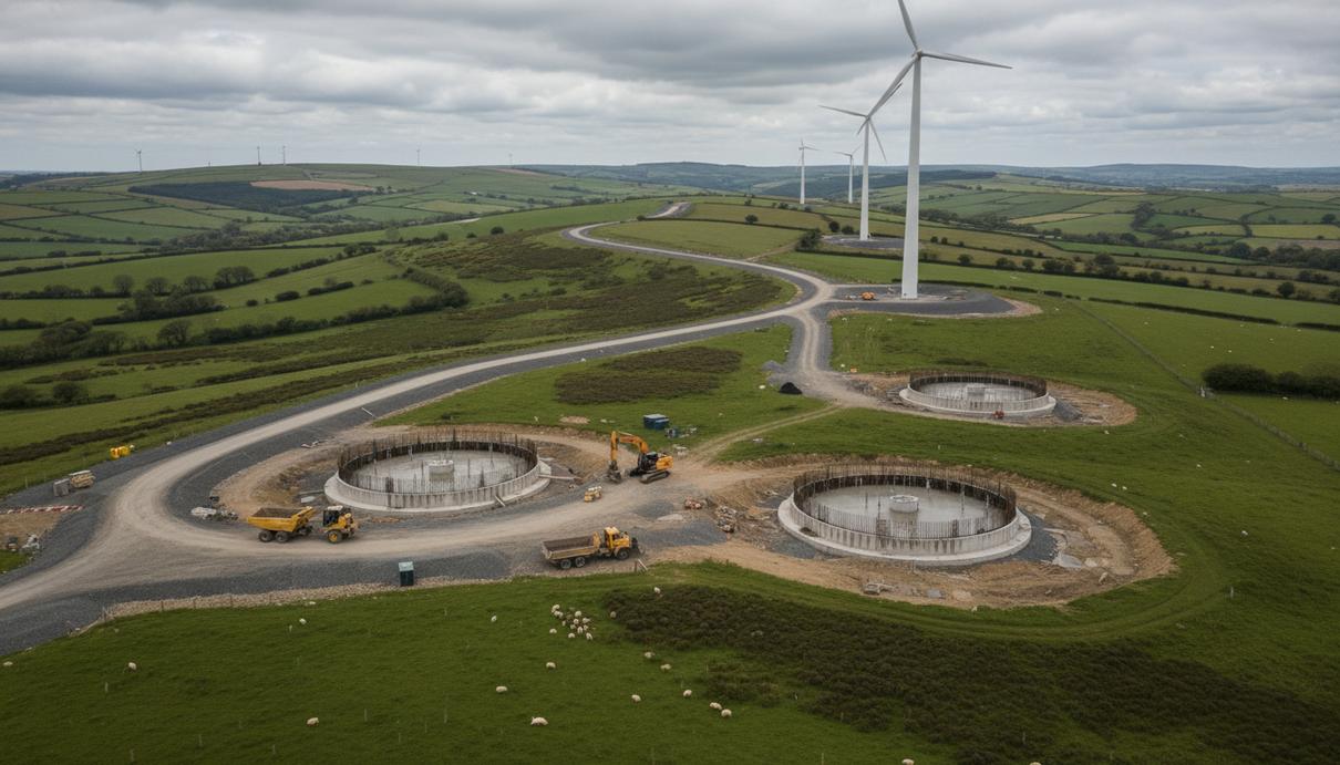 Строительная площадка ветропарка в Уэльсе с фундаментами для турбин и дорогами среди холмов.