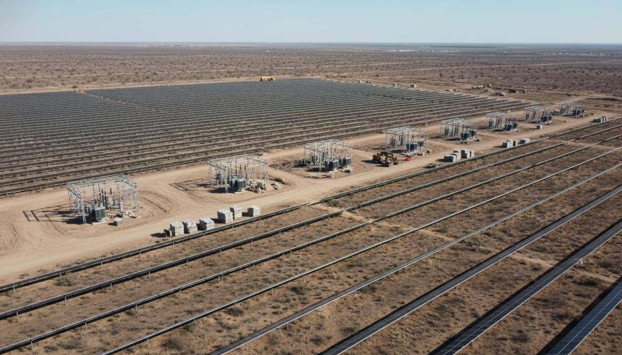Ряды солнечных панелей на этапе монтажа на открытой местности в штате Техас под ясным небом.