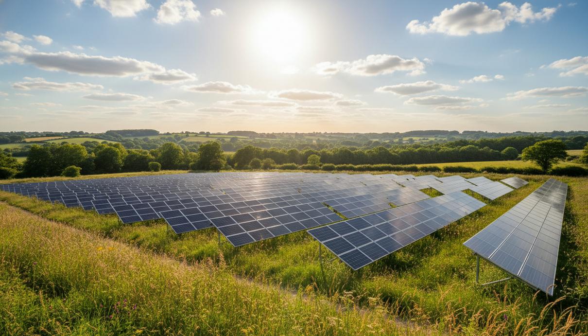 Ряды солнечных панелей на зеленом холме в сельской местности графства Гэмпшир под ясным небом