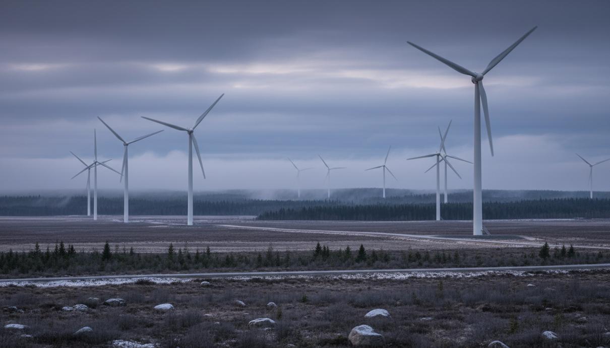 Ряды современных ветряных генераторов на открытой равнине в Финляндии на фоне леса в сумерках