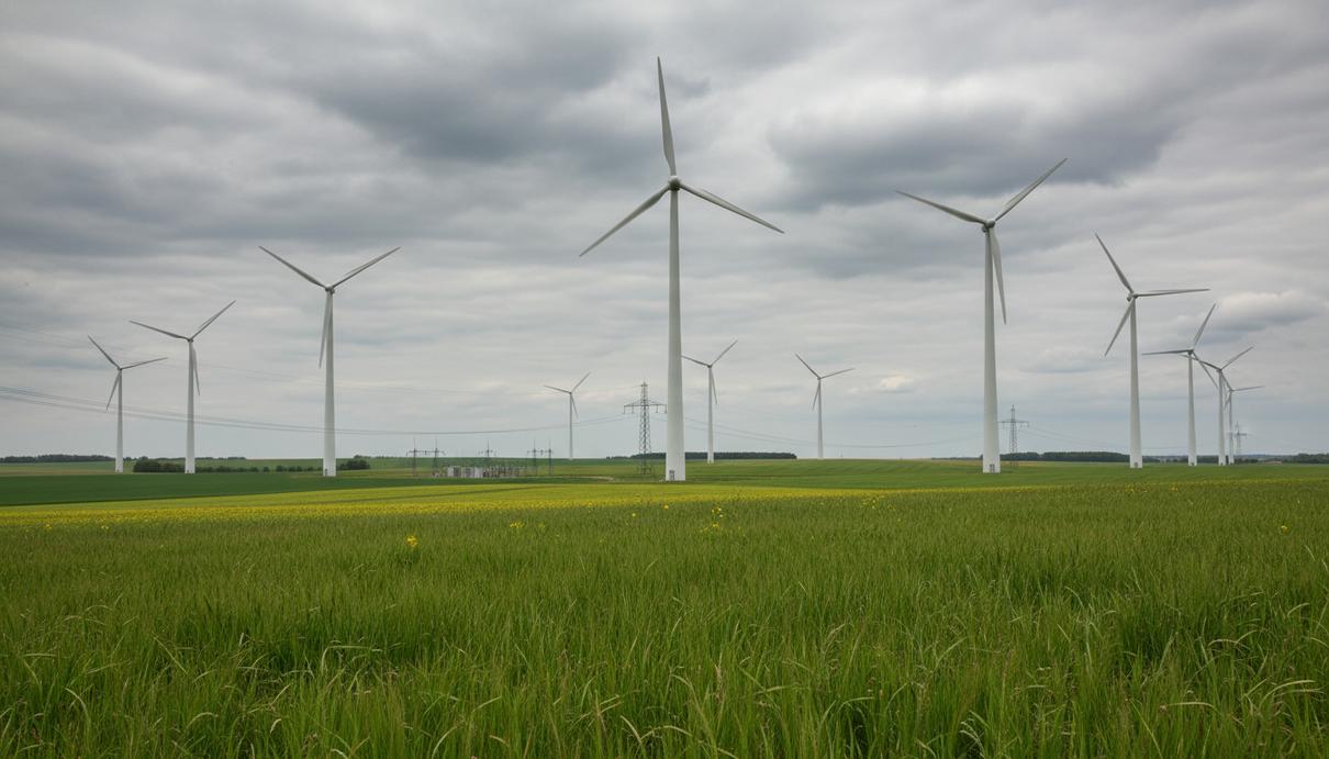 Современные белые ветрогенераторы среди зеленых полей Германии под пасмурным небом