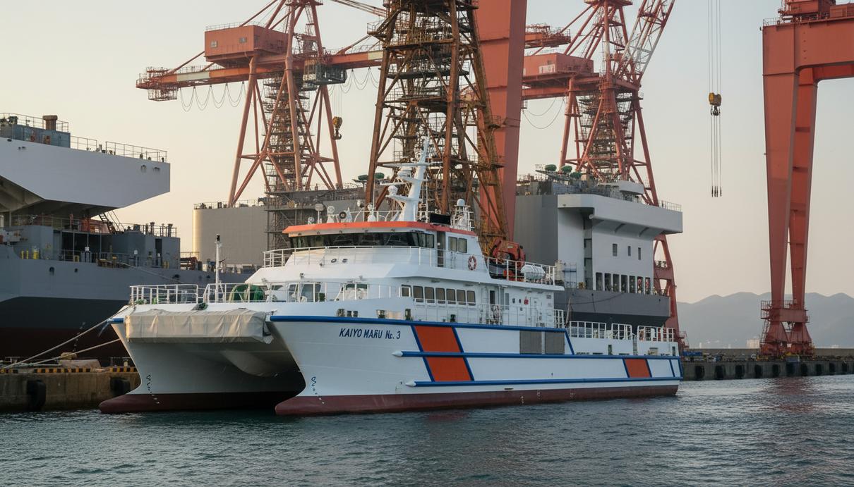 Специализированное судно для обслуживания ветропарков на территории японской судостроительной верфи
