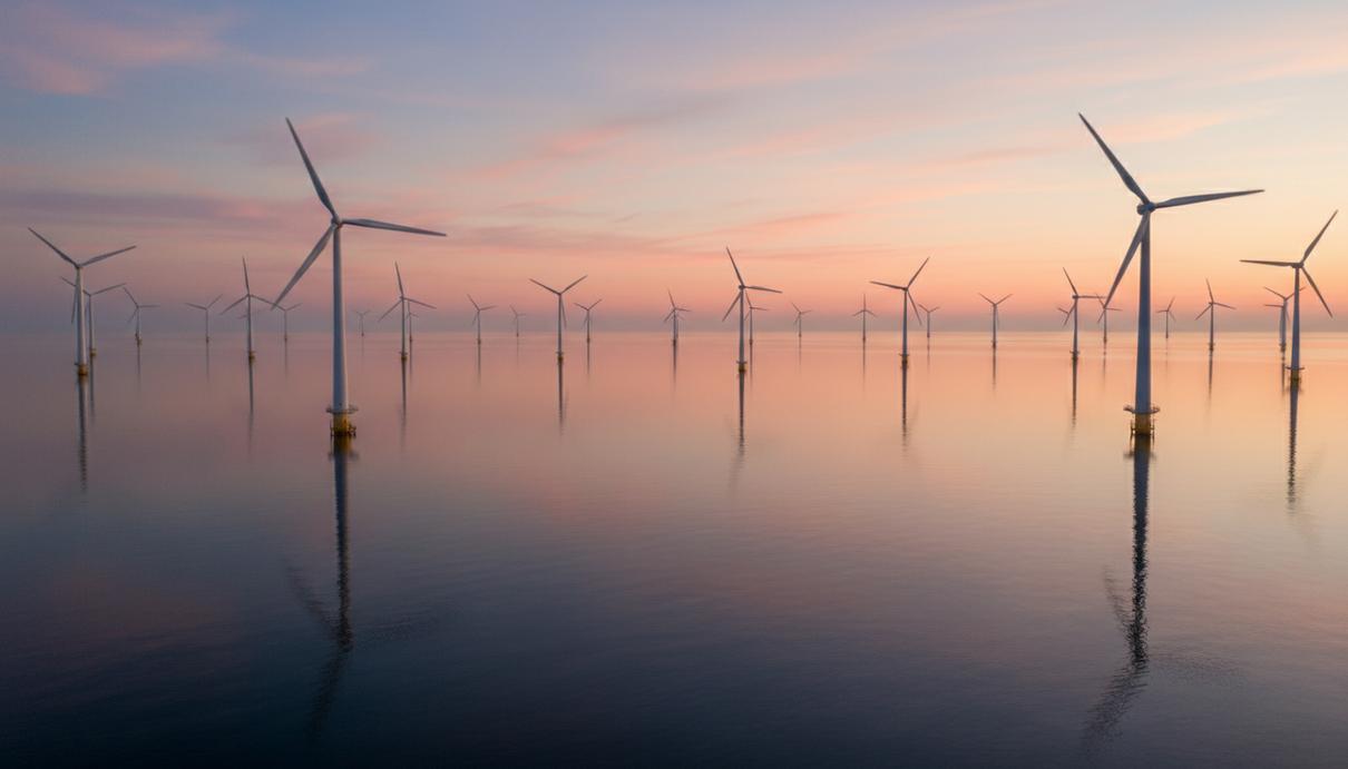Морские ветрогенераторы с белыми лопастями в открытом океане на фоне заката