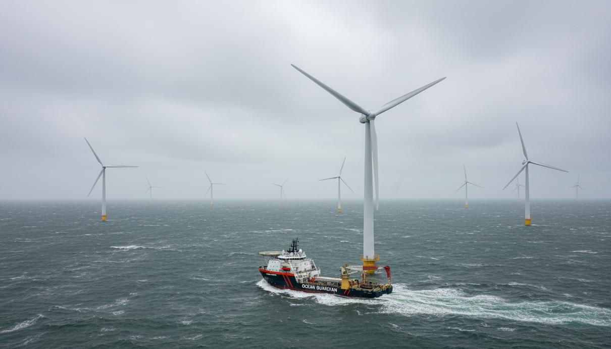 Несколько морских ветряных генераторов и судно технического обслуживания в открытом океане