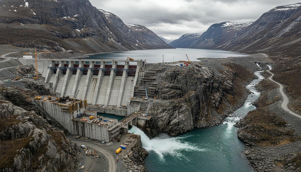 Процесс строительства бетонных конструкций гидроэлектростанции в горном ущелье Норвегии у реки.
