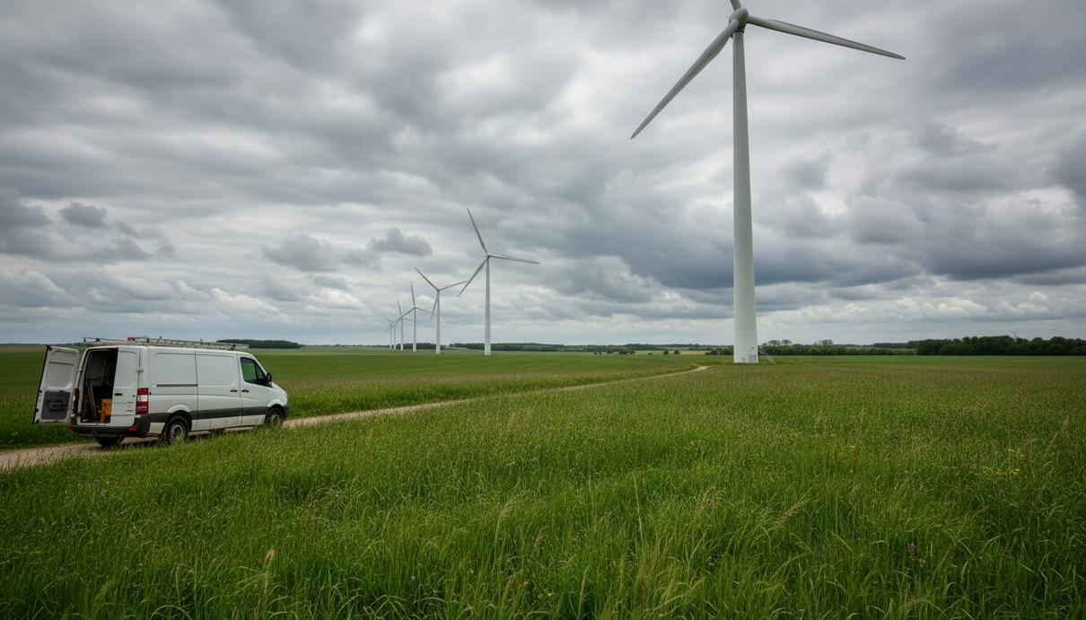 Ветряные турбины на зеленом поле под пасмурным небом и белый фургон у основания одной из опор.