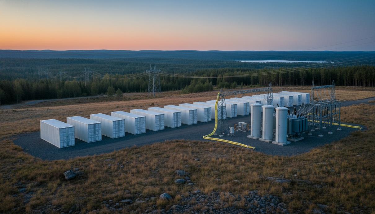 Промышленные белые контейнеры системы накопления энергии на открытой площадке на фоне заката