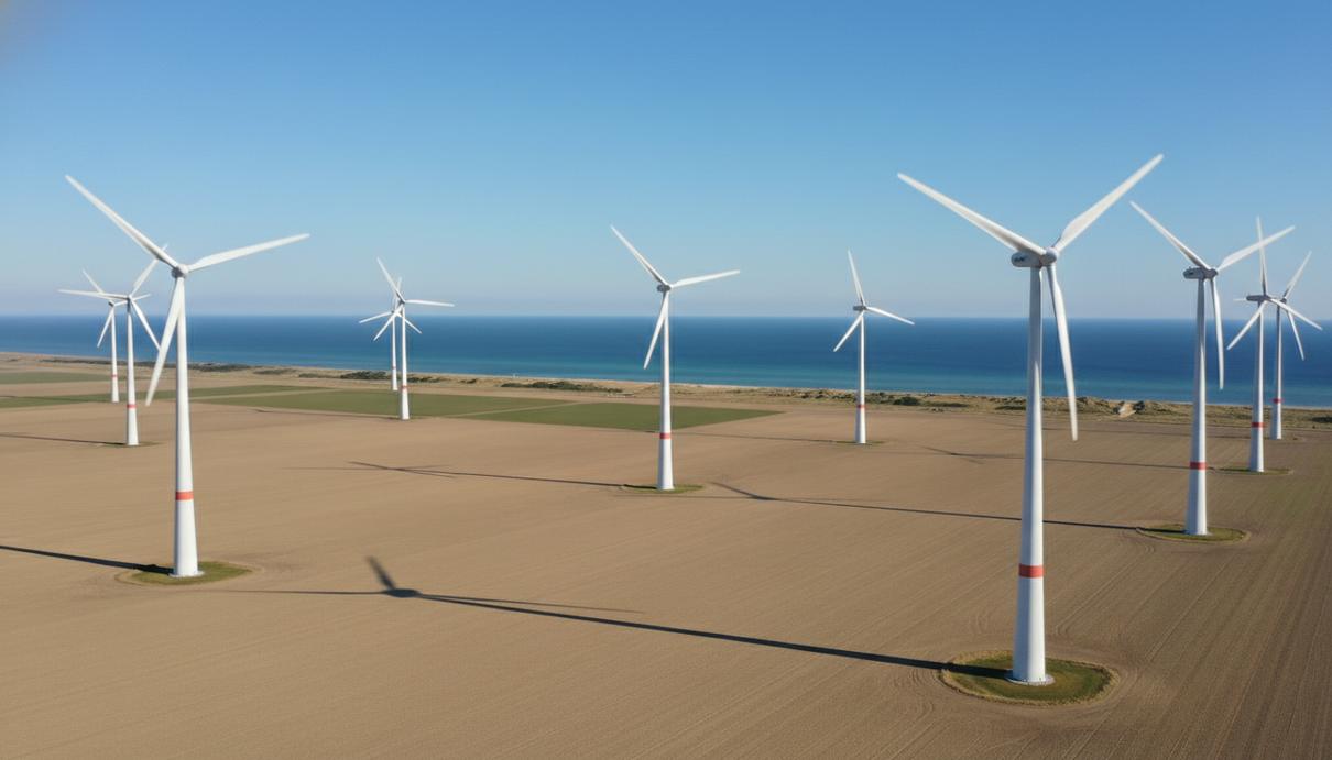 Группа современных ветровых турбин на побережье острова Фемарн на фоне Балтийского моря