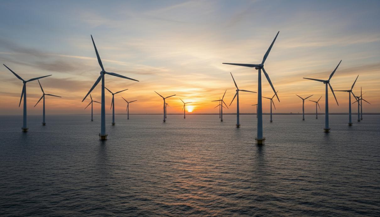 Группа современных ветряных турбин в открытом море на фоне вечернего неба и воды