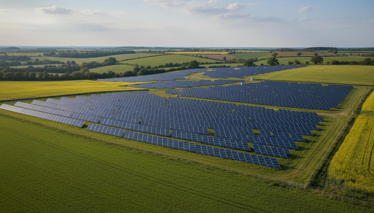 Солнечные панели, установленные рядами на фоне зеленых холмов в британском Гэмпшире