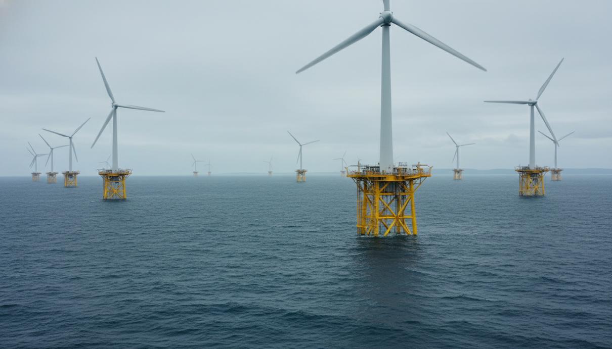 Группа плавучих ветрогенераторов в открытом море у берегов Франции в ясную погоду