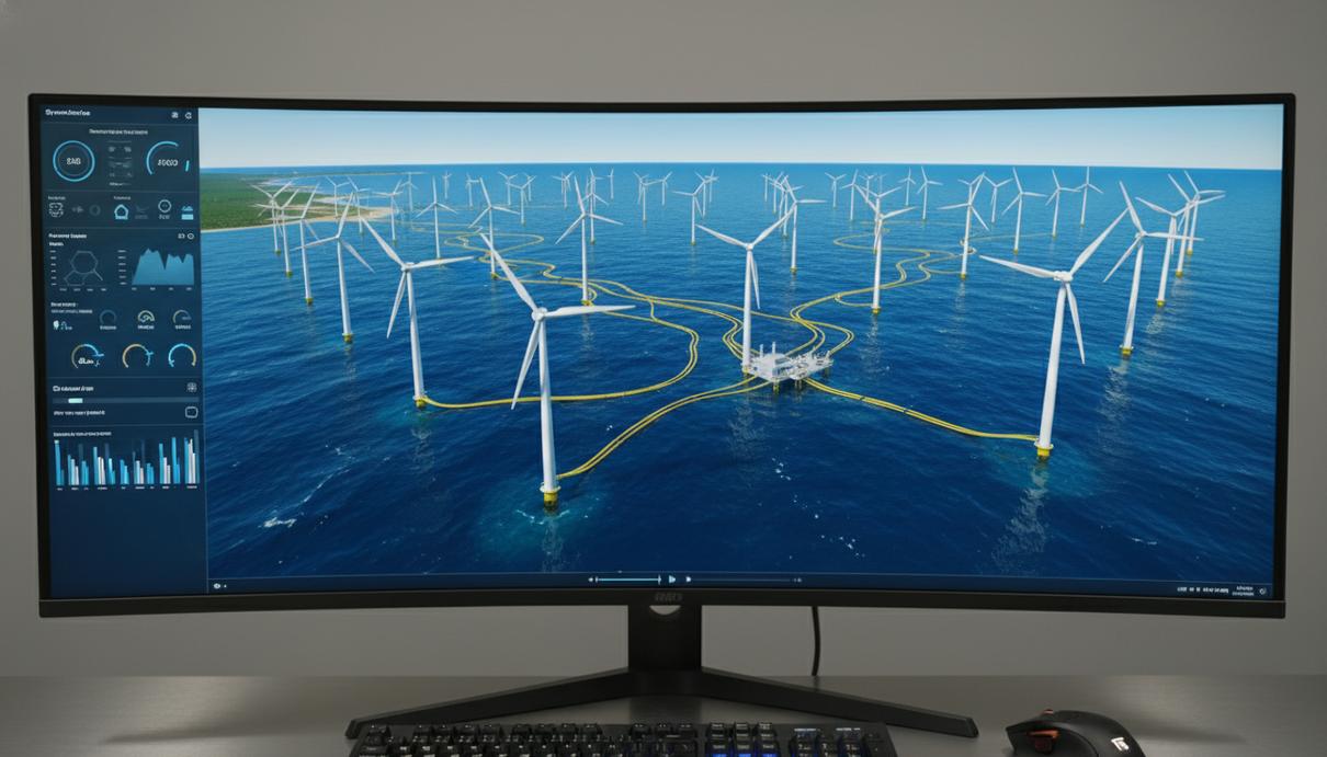 Цифровая 3D-модель морского ветропарка с кабельными сетями на экране компьютера
