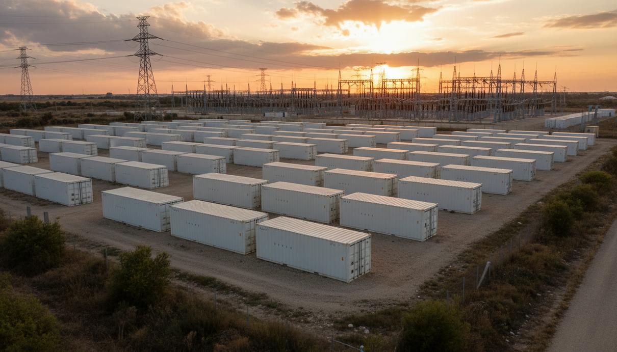 Ряды промышленных контейнеров системы накопления энергии на фоне подстанции в Бриндизи