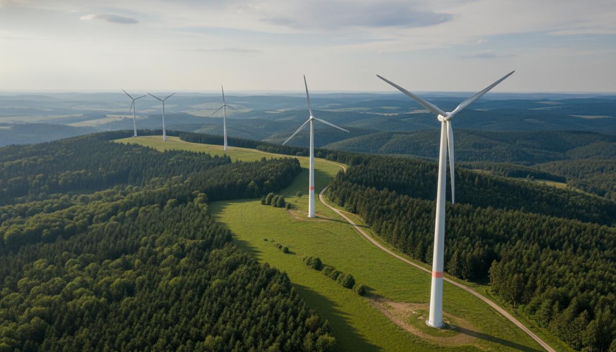 Современные белые ветрогенераторы на зеленых холмах и лесных массивах в земле Гессен.