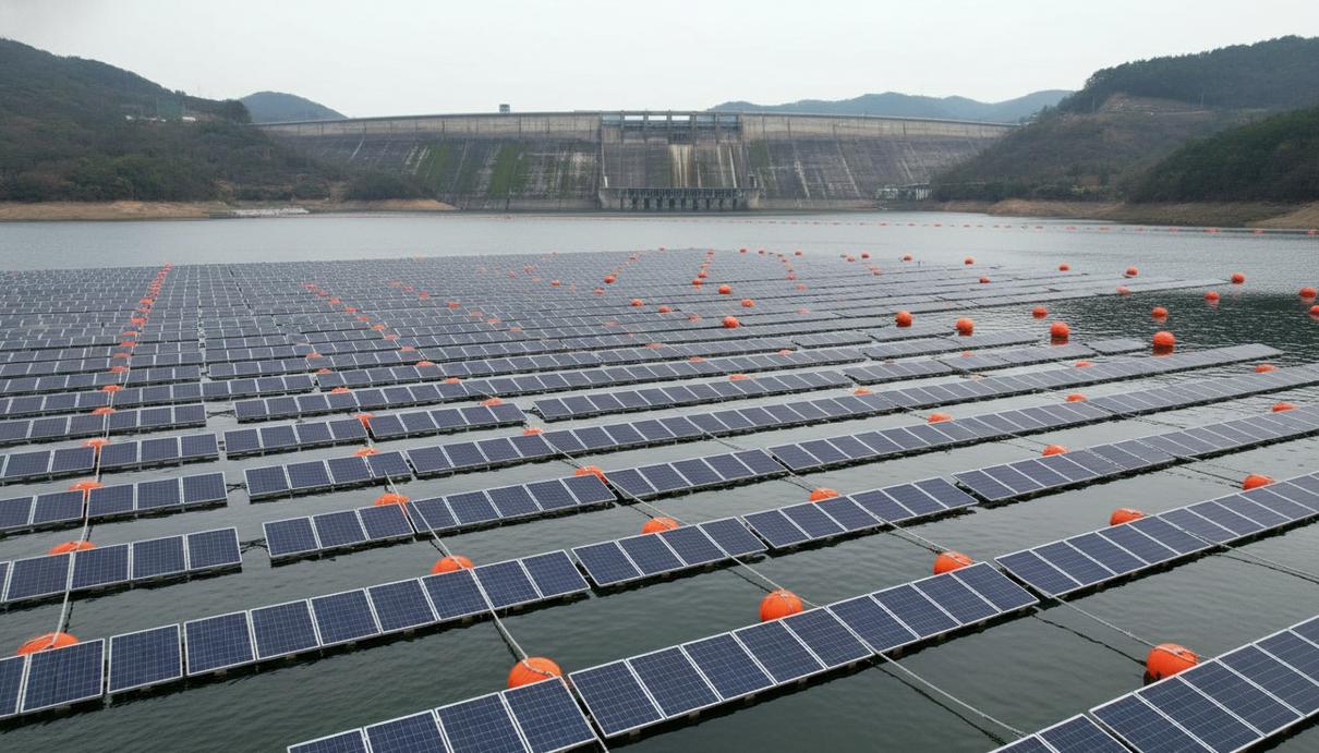 Плавучие солнечные панели на поверхности водохранилища с элементами системы якорного крепления