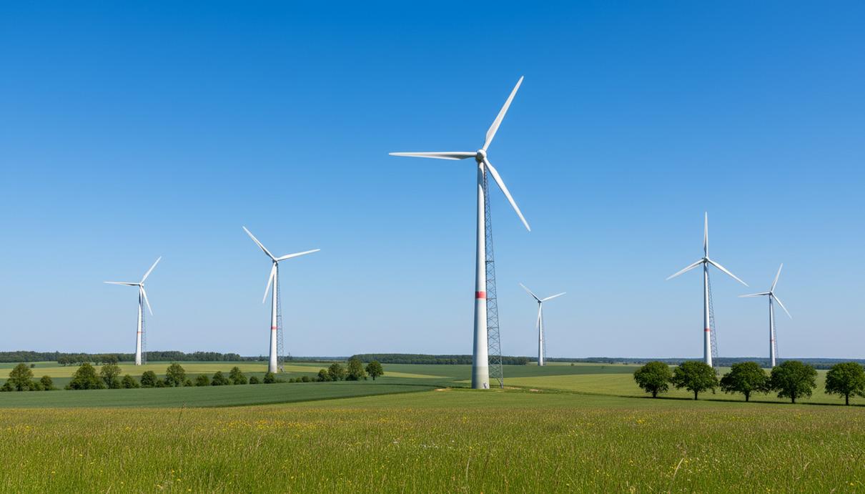 Современные белые ветрогенераторы на высоких башнях среди зеленых полей в сельской местности Германии.