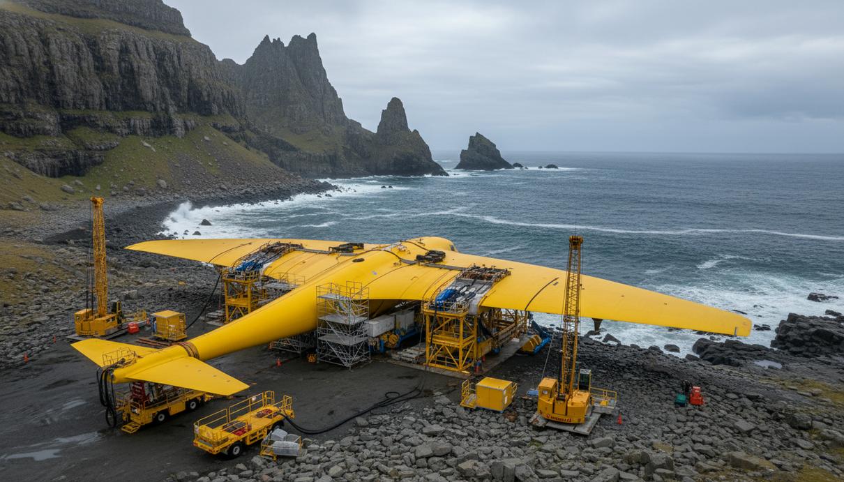 Желтая приливная энергетическая установка на платформе в порту на фоне гор и моря