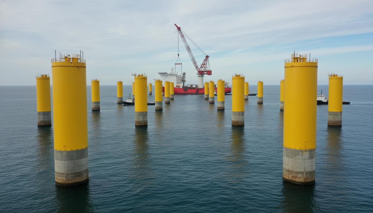 Монтаж стальных переходных модулей морской ветроэлектростанции в Балтийском море с борта кранового судна