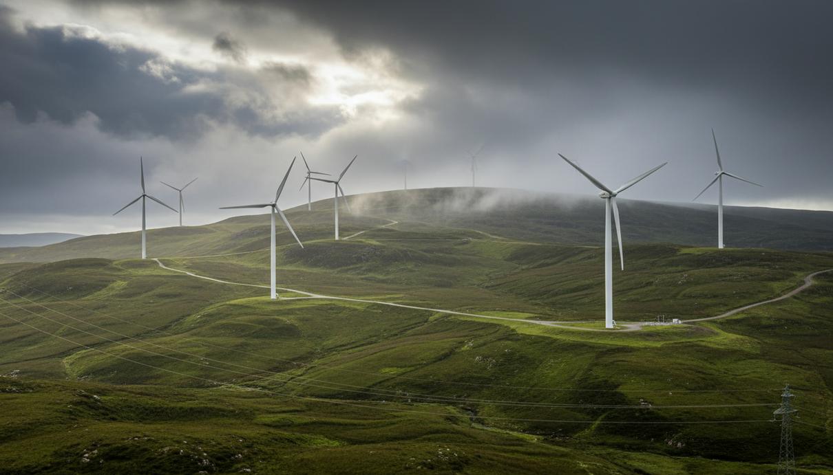 Белые ветряные турбины на фоне зеленых холмов и облачного неба в горной местности