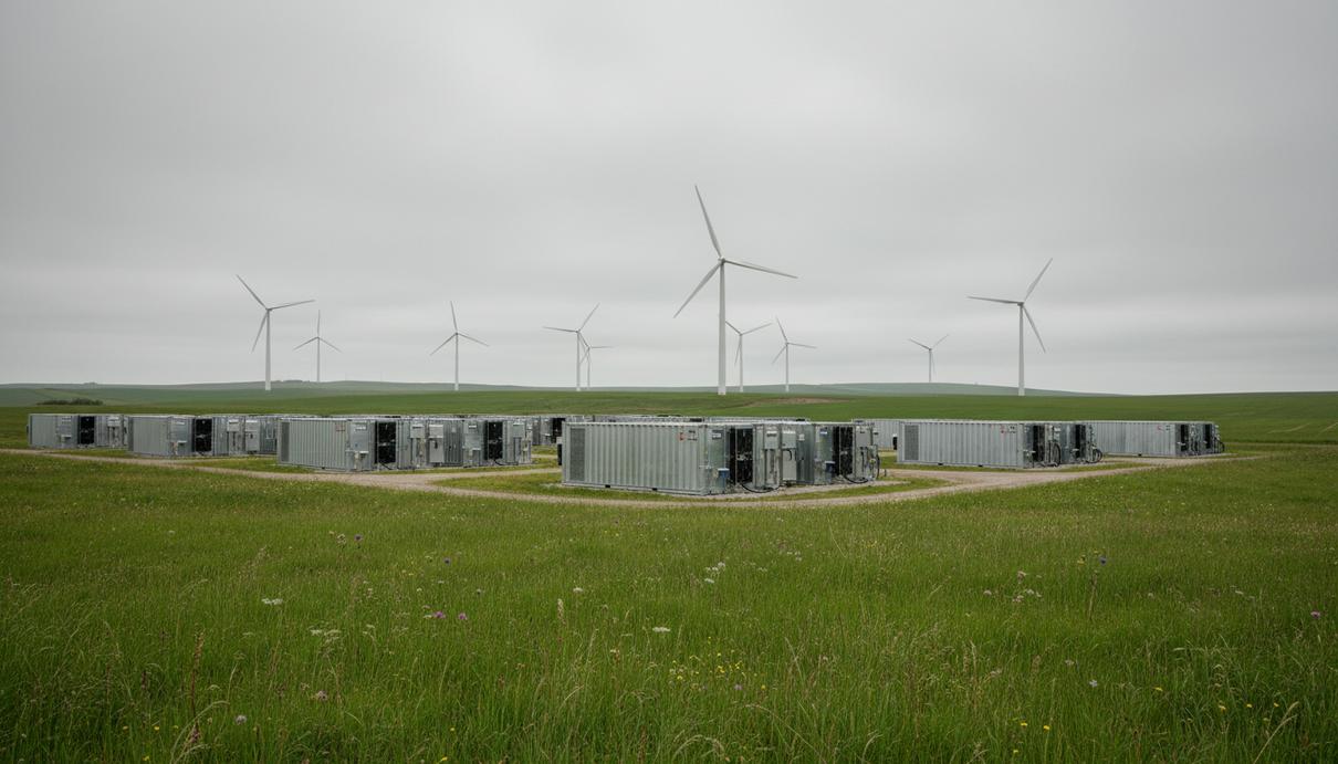 Промышленные аккумуляторные контейнеры на фоне белых ветрогенераторов в зеленом поле под облачным небом