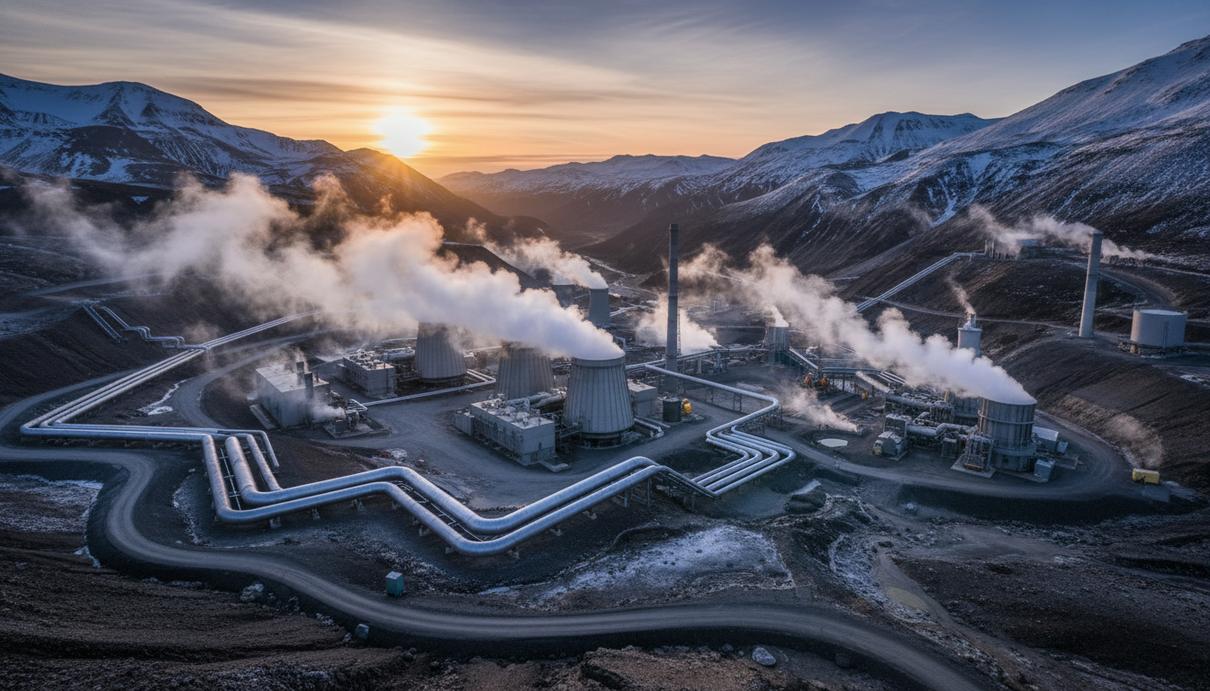 Геотермальная электростанция в горной долине с густыми клубами пара из технологических труб на рассвете