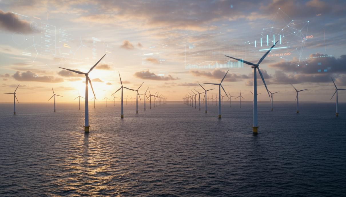 Белые ветряные турбины в открытом море на фоне закатного неба