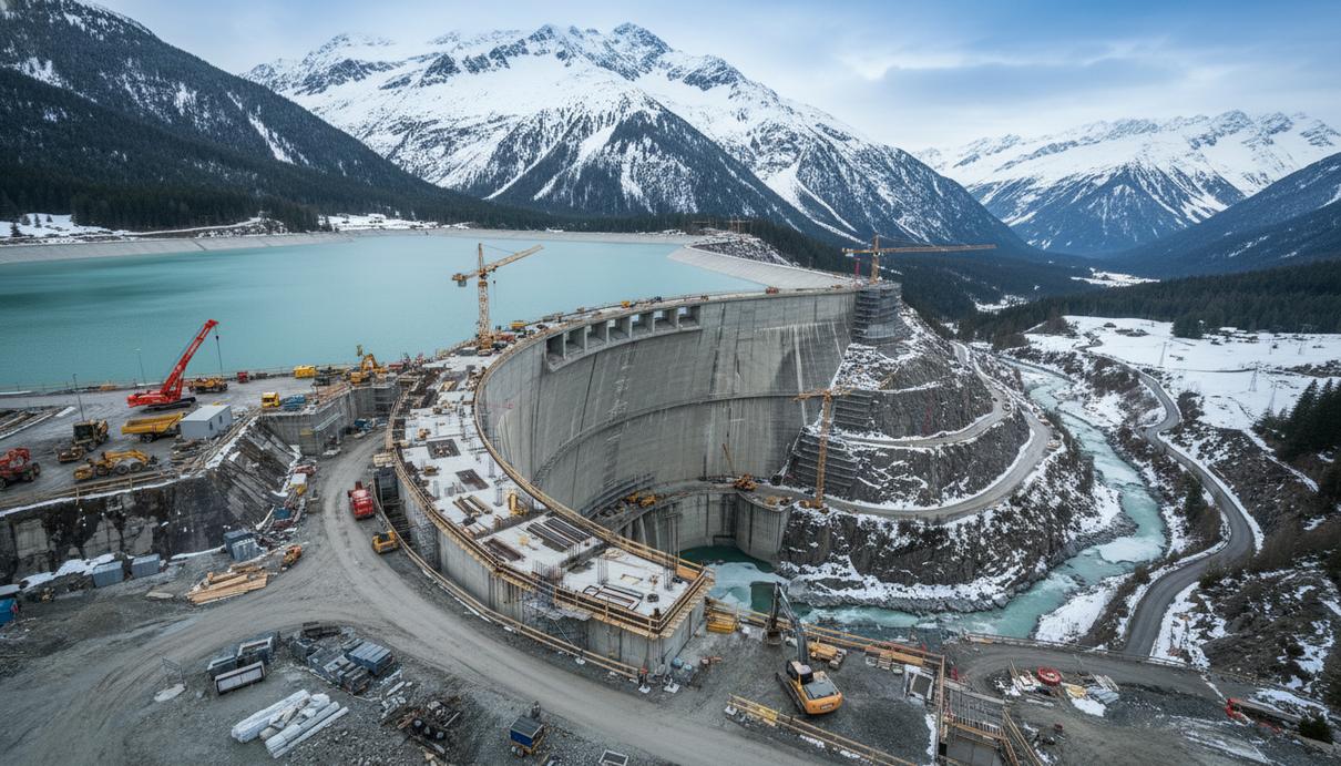 Вид на строящееся водохранилище и бетонные конструкции гидроэлектростанции в заснеженных горах.