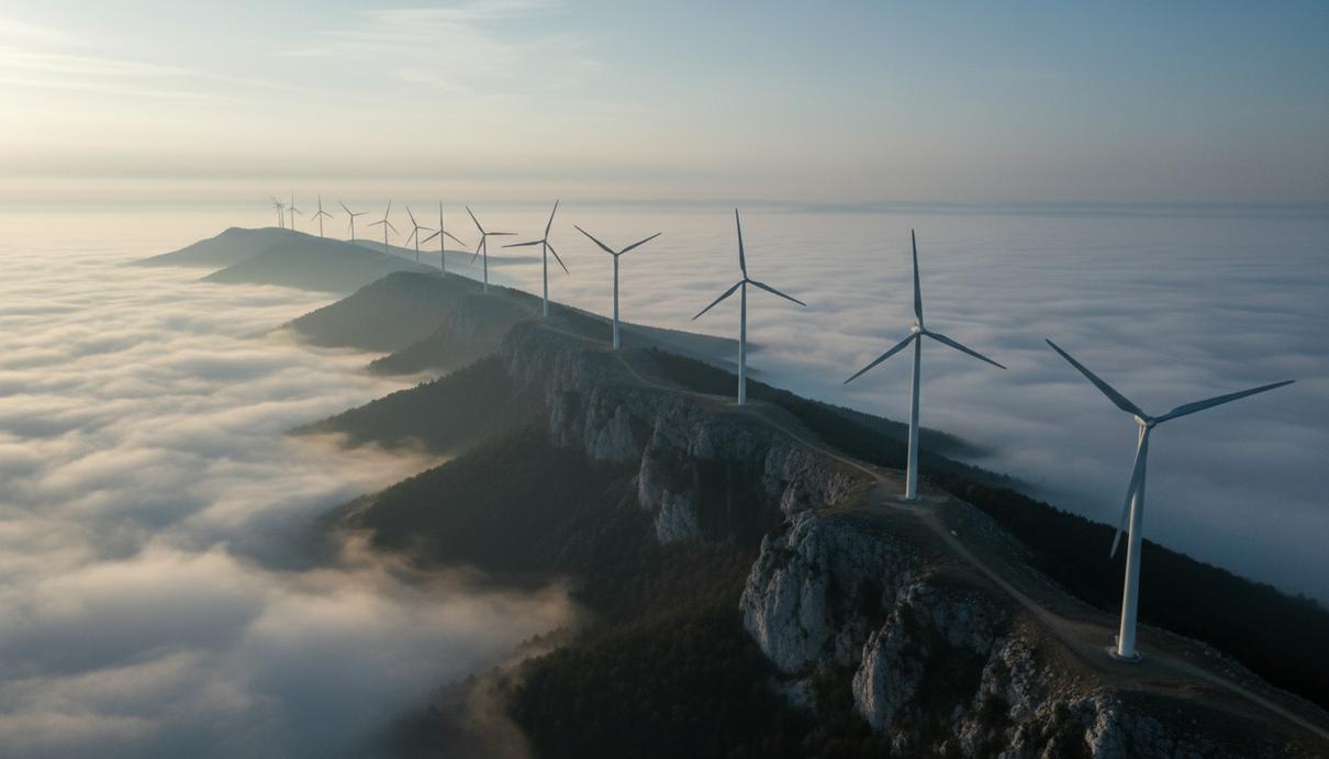 Ряд современных ветрогенераторов на вершинах сербских Карпат в туманную погоду.