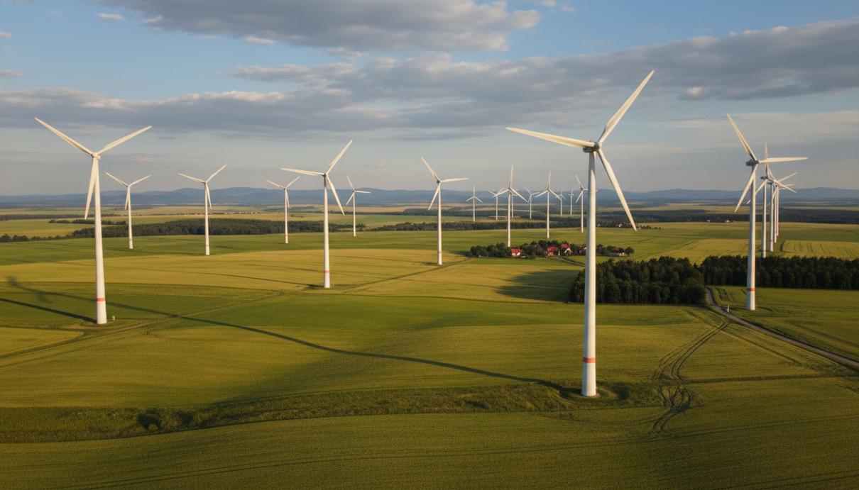 Группа современных ветряных турбин на открытом поле в юго-западной Польше на фоне неба.