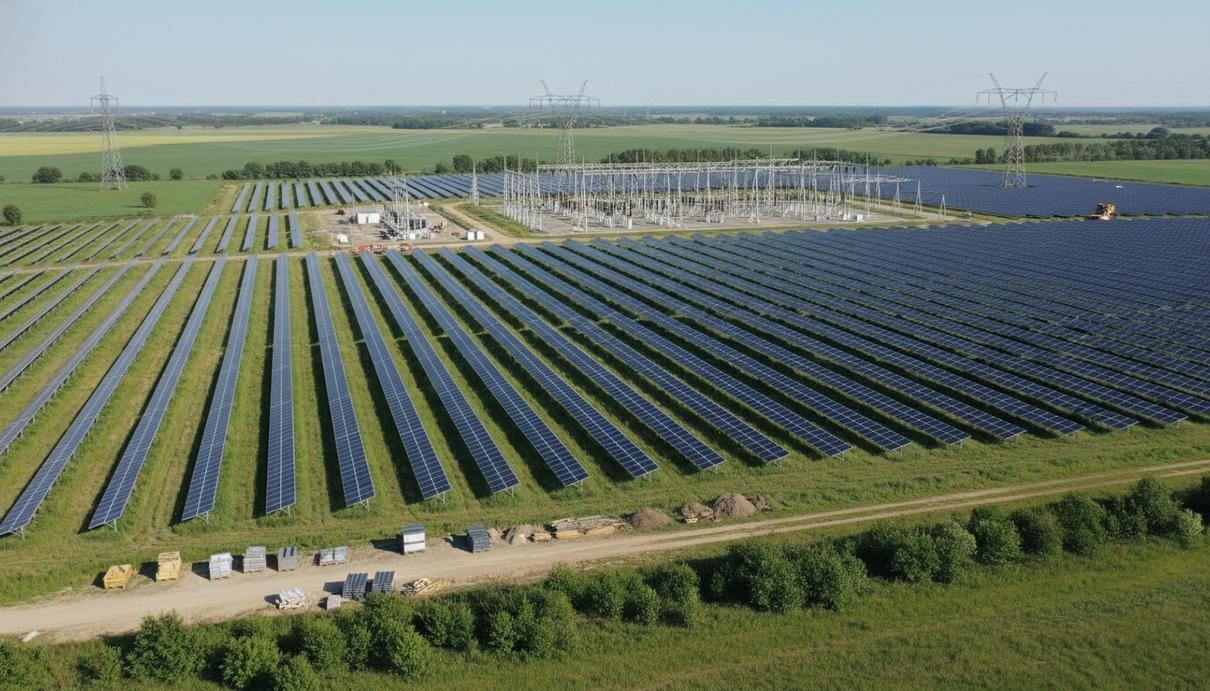 Солнечные панели и высоковольтная подстанция на фоне сельской местности в Польше