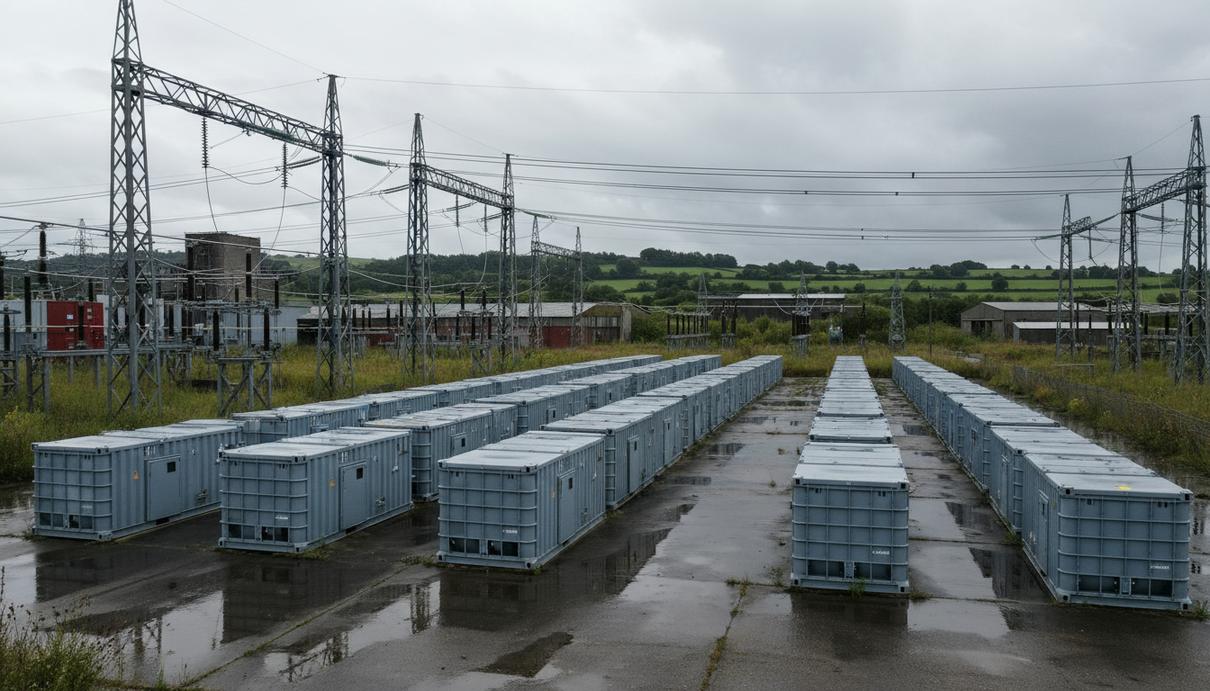 Белые контейнеры промышленной системы накопления энергии и высоковольтные линии электропередач.