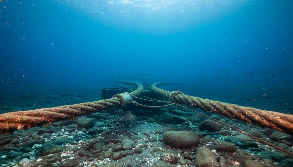 Толстый силовой кабель морской ветроэлектростанции лежит на песчаном морском дне среди камней
